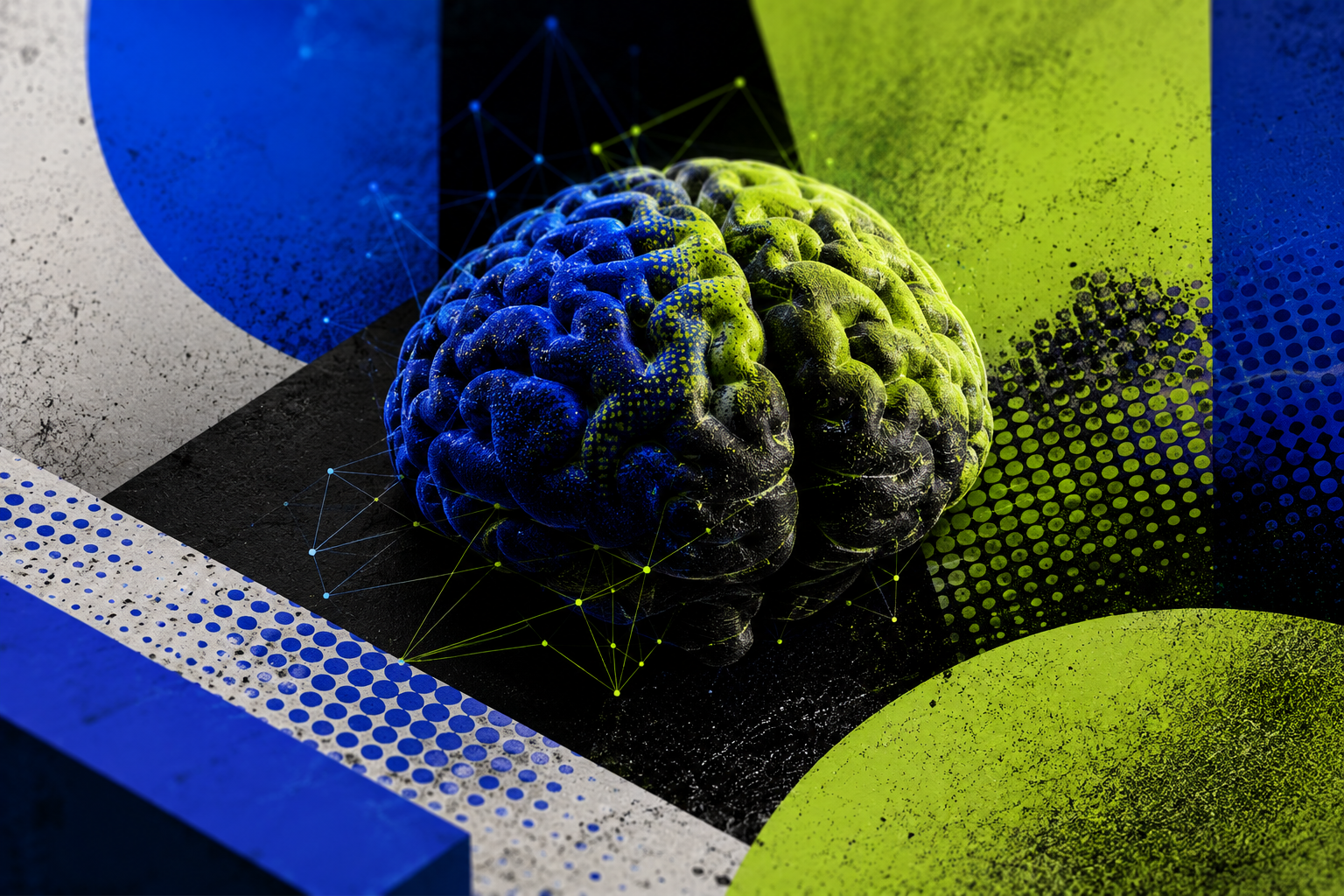 A 3D brain split between electric blue and lime green with connected nodes, representing practical AI thinking