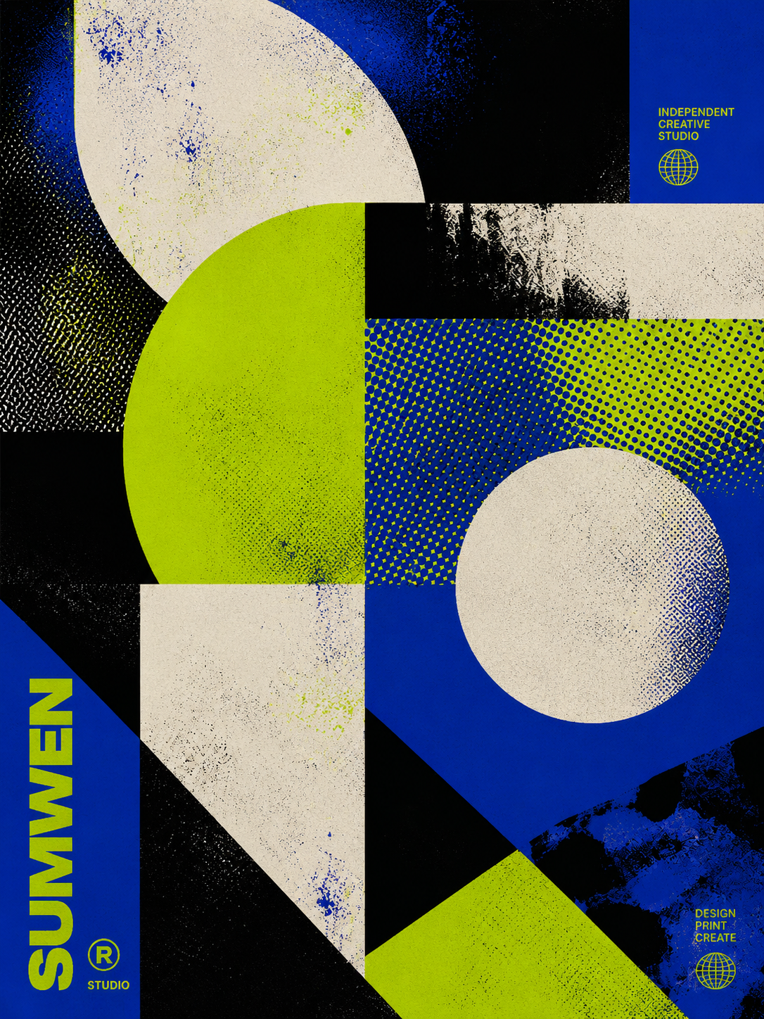 Abstract SUMWEN studio artwork in electric blue, lime green, black and off-white