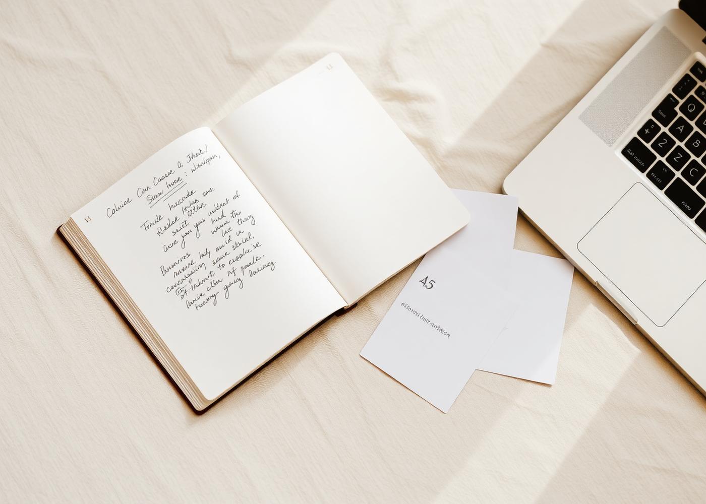 Notebook with a hand-drawn diagram beside printed guidance cards