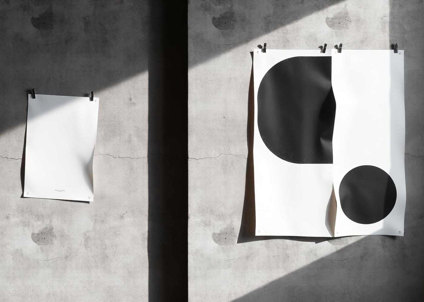 Minimal black and white event posters pinned to a concrete wall