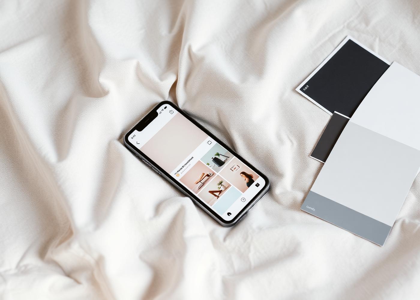 Social media grid layout shown on a phone beside printed colour swatches